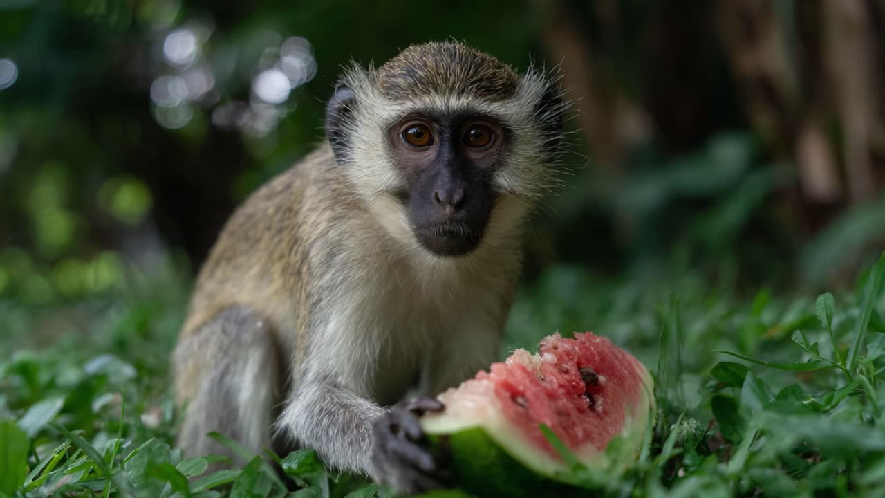 A Curious Monkey Engaged in Eating Watermelon, Capturing a Moment of Playful Nature Among the Lush Greenery in Its Habitat