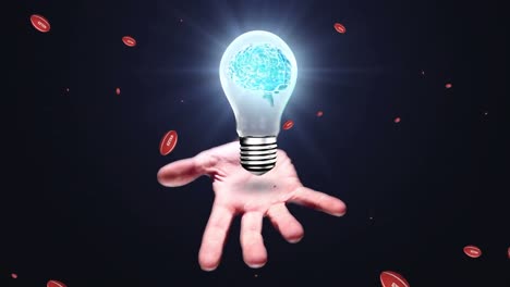 animación de pelotas de rugby con galeses sobre mano caucásica sosteniendo bombilla con cerebro