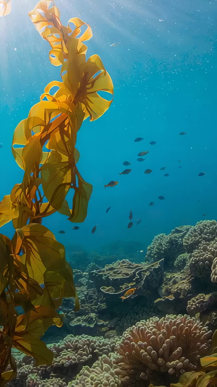Vídeo vertical: frondas de algas balanceándose y elevándose hacia los rayos de sol en un arrecife, revelando bancos de peces