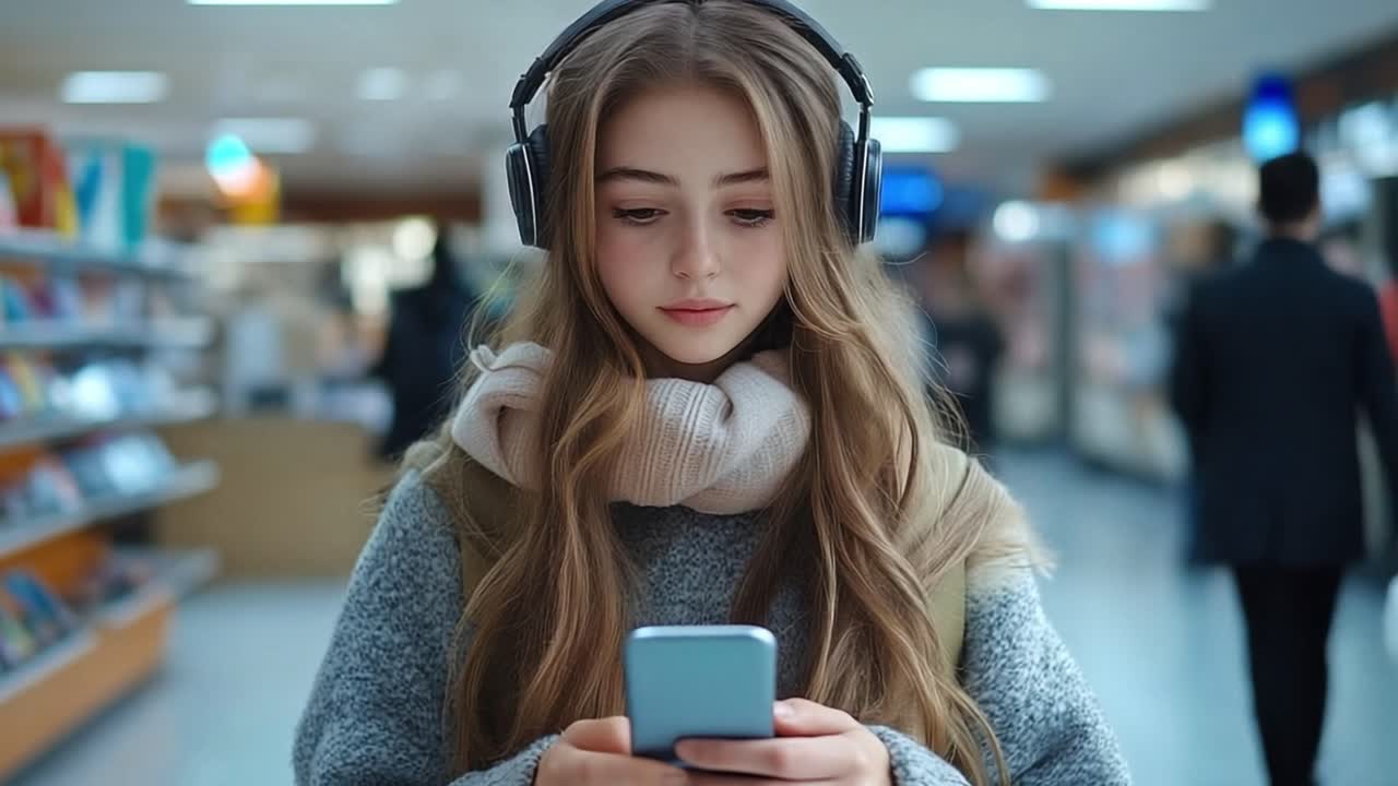 A woman listens to music on her smartphone