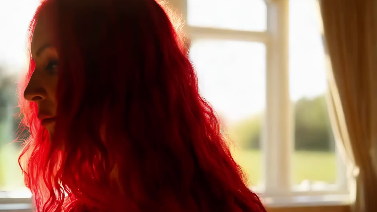 창문 에 있는 빨간 머리의 여자