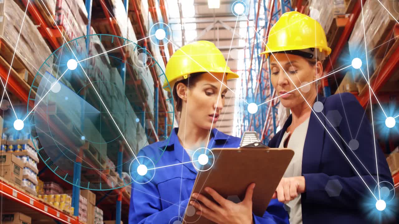 анимация сети соединений с иконами над различными инженерами на складе