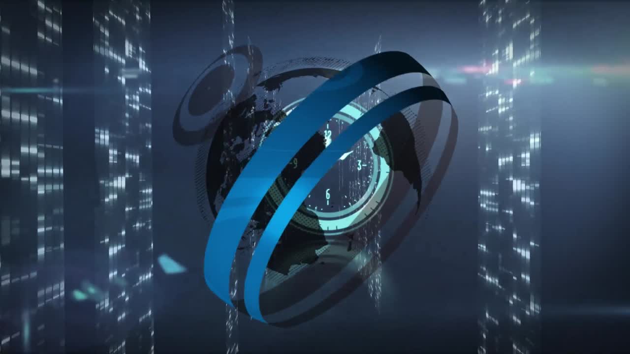 Animation of globe, clock moving fast and data processing over computer servers