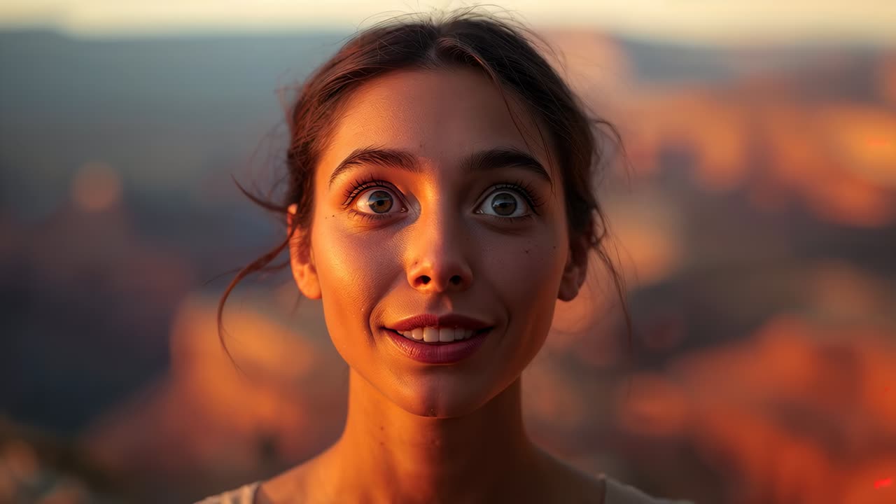 Grinning woman reacting to sun hitting cheek at canyon overlook camera filming closeup strap top