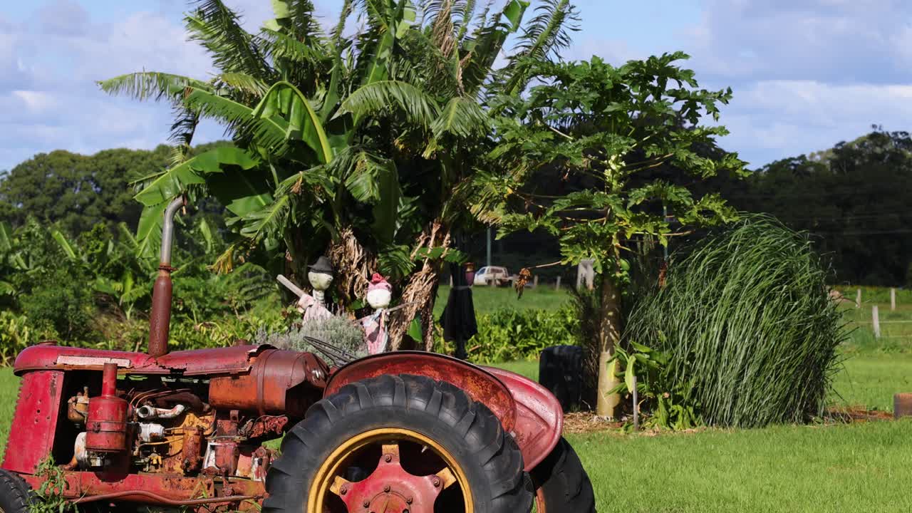 An old red tractor sits in a vibrant green field under bright sunlight, surrounded by trees and grass