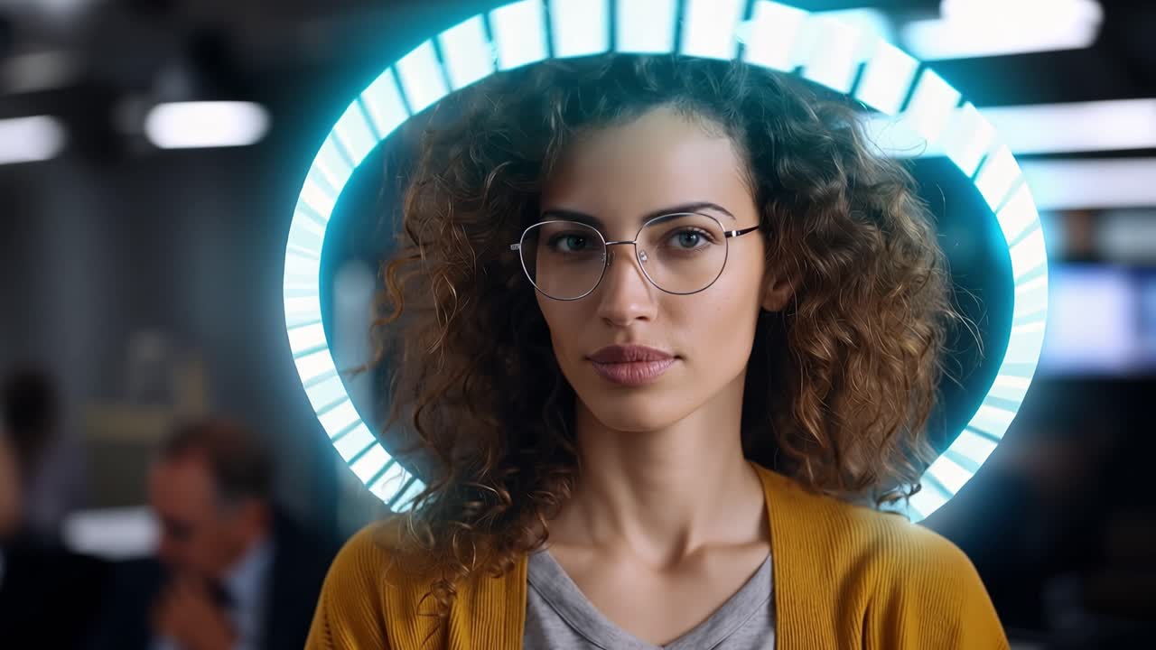 Mulher de cabelos cacheados usa óculos com um halo circular brilhante. Sua expressão calma sugere foco e confiança. Iluminação suave realça suas feições contra um fundo desfocado.