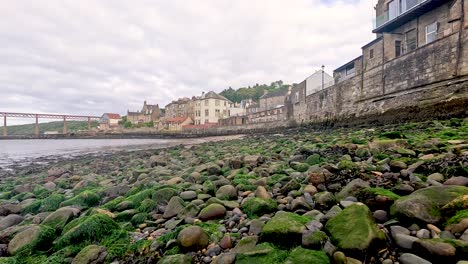 moss-covered rocks along a coastal town