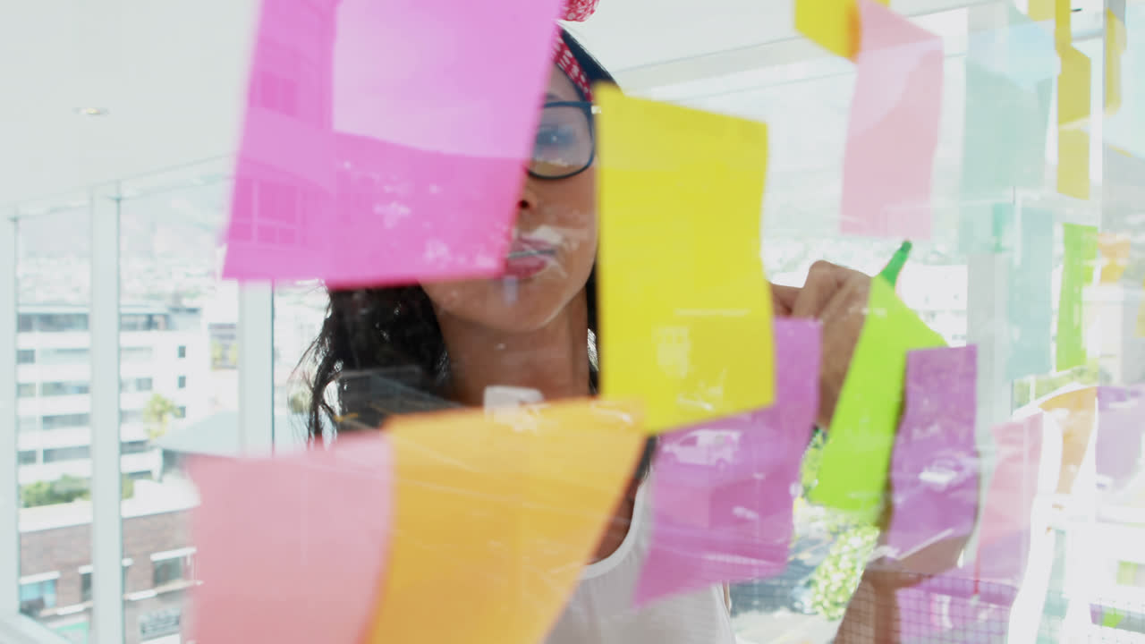 Female executive writing on sticky notes 4k