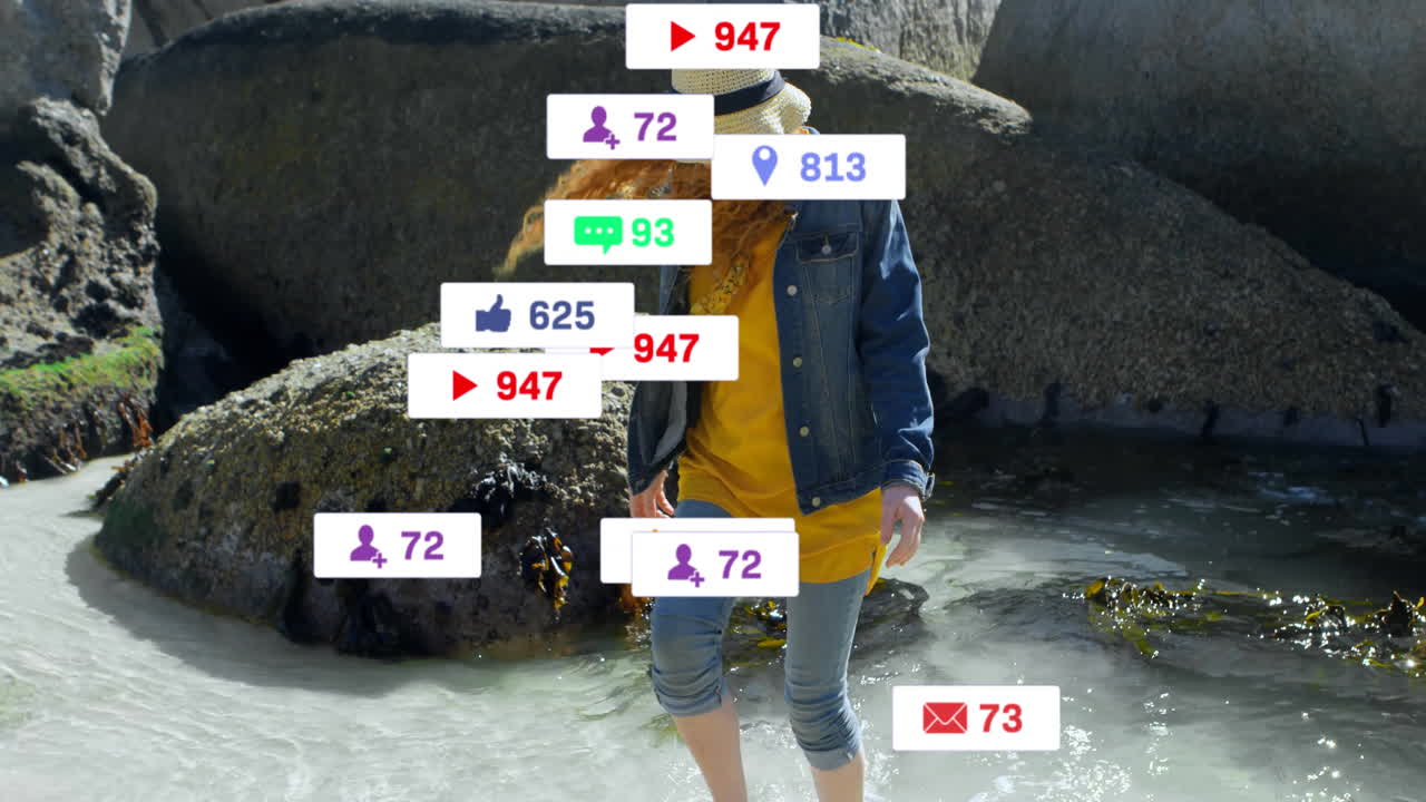 woman wading waist-deep in shallow water, featuring floating social media icons for marketing