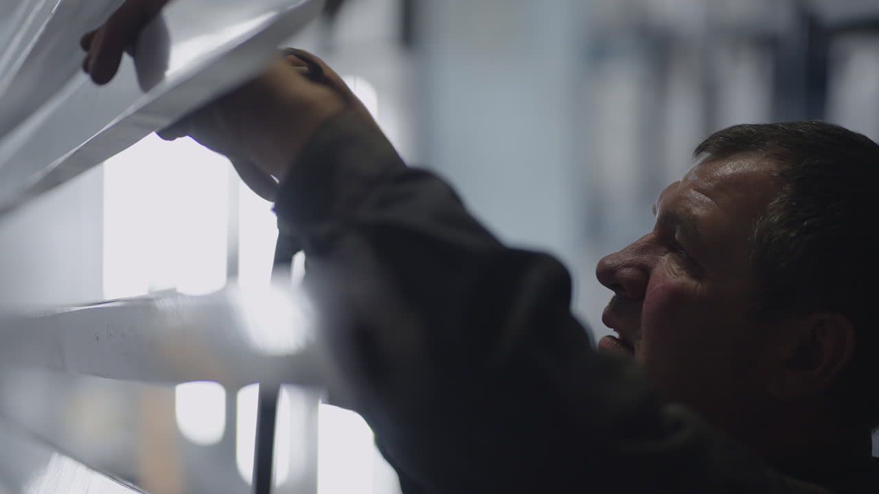 hombre trabajando molar pintura tienda sopla aire sobre las partes antes de pintar