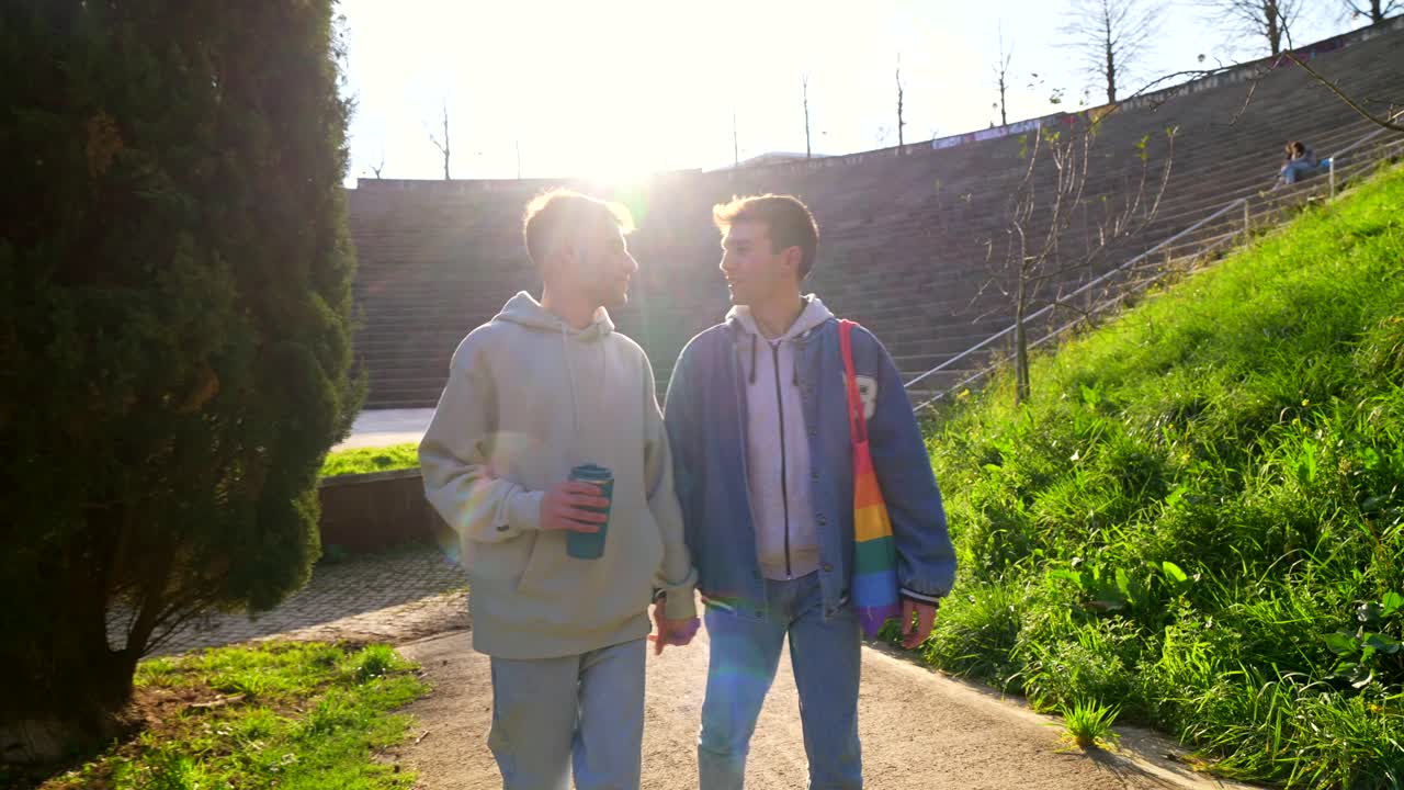Gay Couple Walking Hand in Hand in the Park