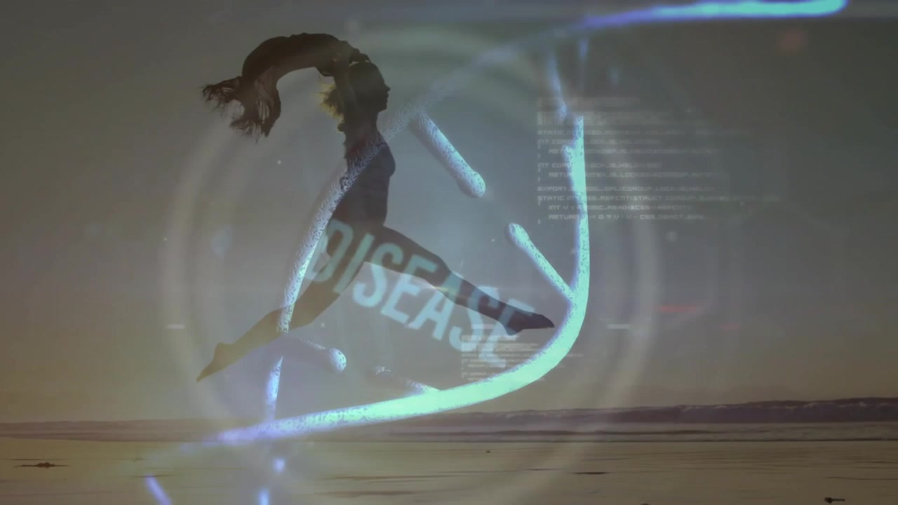 Woman Dancing on Beach with Digital DNA Overlay