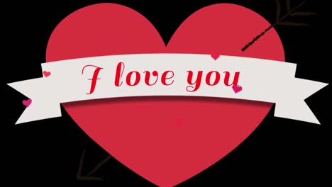 animation of a red heart and i love you written in red letters on black background