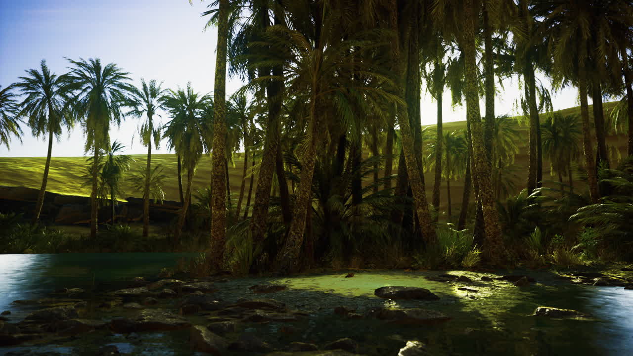 Lush tropical oasis with palm trees and serene water reflecting sunlight