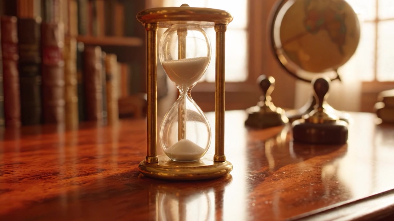 Una clessidra elegante su una scrivania lucida, circondata da libri e un mappamondo, che cattura l'essenza del tempo e della conoscenza in una stanza illuminata calorosamente.