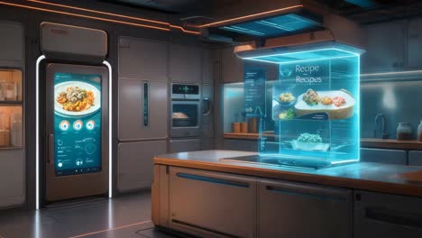 cocina inteligente futurista con exhibición de recetas interactivas
