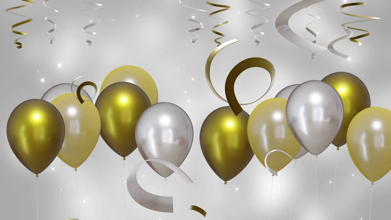 animación de globos de oro y plata con banderas de fiesta en fondo plateado
