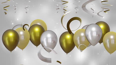 animation of gold and silver balloons with party streamers on silver background