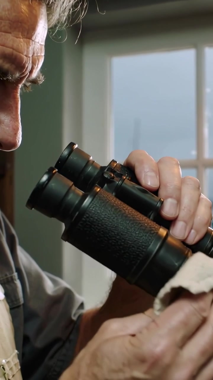 Vertical video: Cloth arriving, man in beige apron wiping binoculars at window, inspecting lenses