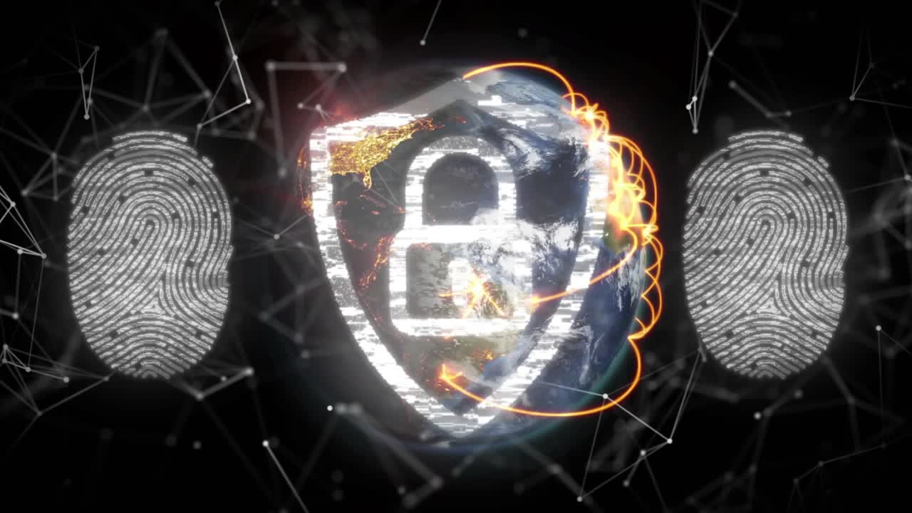 earth rotating in network grid, data rushing, shield and padlock emerging symbolizing security