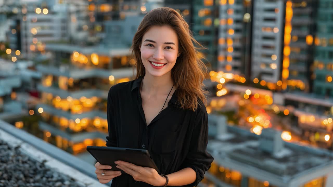 Una tarde luminosa: una mujer con una tablet sonriendo en una azotea con vistas a un paisaje urbano espectacular con luces brillantes y arquitectura moderna
