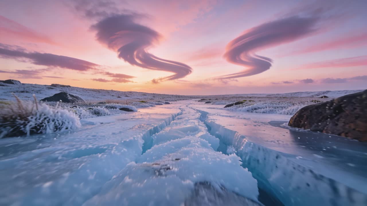 Telecamera che si muove all'alba scivolando lungo una fessura centrale nella tundra, mostrando ghiaccio blu e rocce ricoperte di licheni.