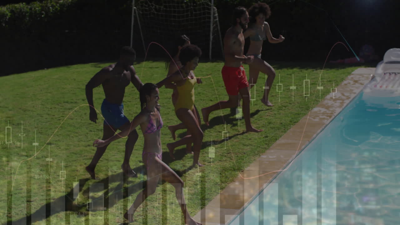 다양한 친구들이 이 많은 수영장에 뛰어들어 데이터를 처리하는 차트 애니메이션