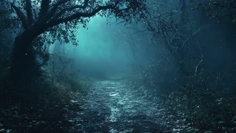 a dark forest with a path in the middle of it