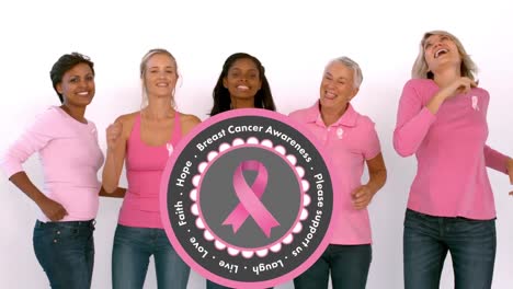 Animation-of-breast-cancer-awareness-text-over-group-of-smiling-women