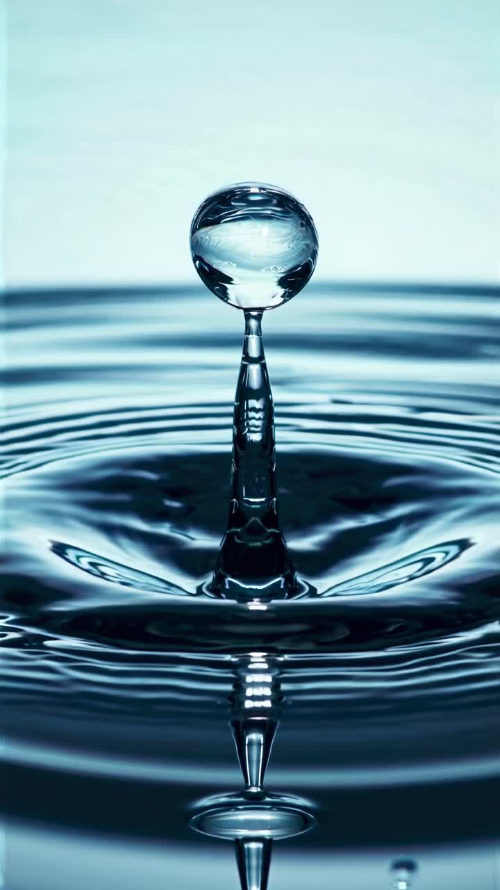 A close-up video concept of a water droplet creating ripples on a calm surface, captured from a low