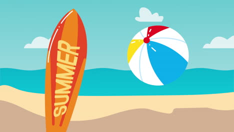 summer time lettering animation with surfboard and balloon on the beach