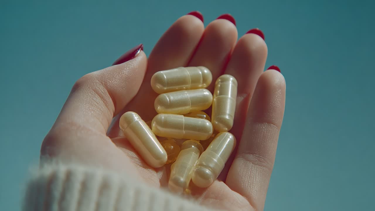 Primo piano di una mano che tiene capsule di gelatina: una collezione di softgel perfette per l'integrazione e i regimi sanitari quotidiani