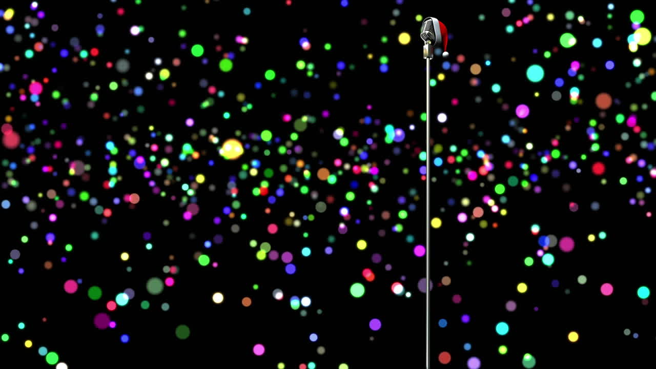 빛나는 다채로운 보케 위에 산타 모자와 함께 rerto 마이크의 애니메이션