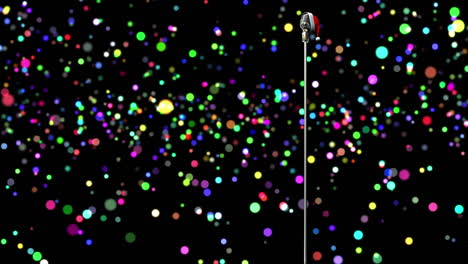 animation of rerto microphone with santa hat over shining colorful bokeh
