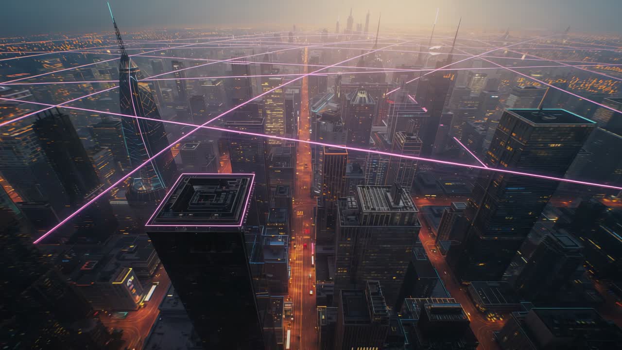 Animating magenta line appearing on rooftop starting network linking rooftops over downtown at dusk