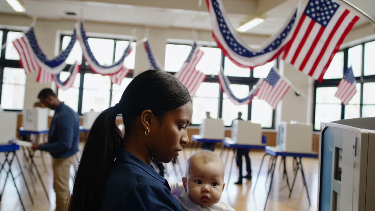 Woman with baby voting at a polling place