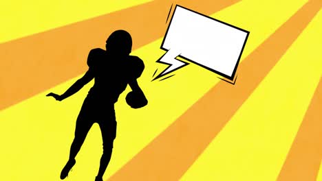 animación de la silueta de un jugador de fútbol americano con burbuja de habla sobre formas en fondo amarillo.