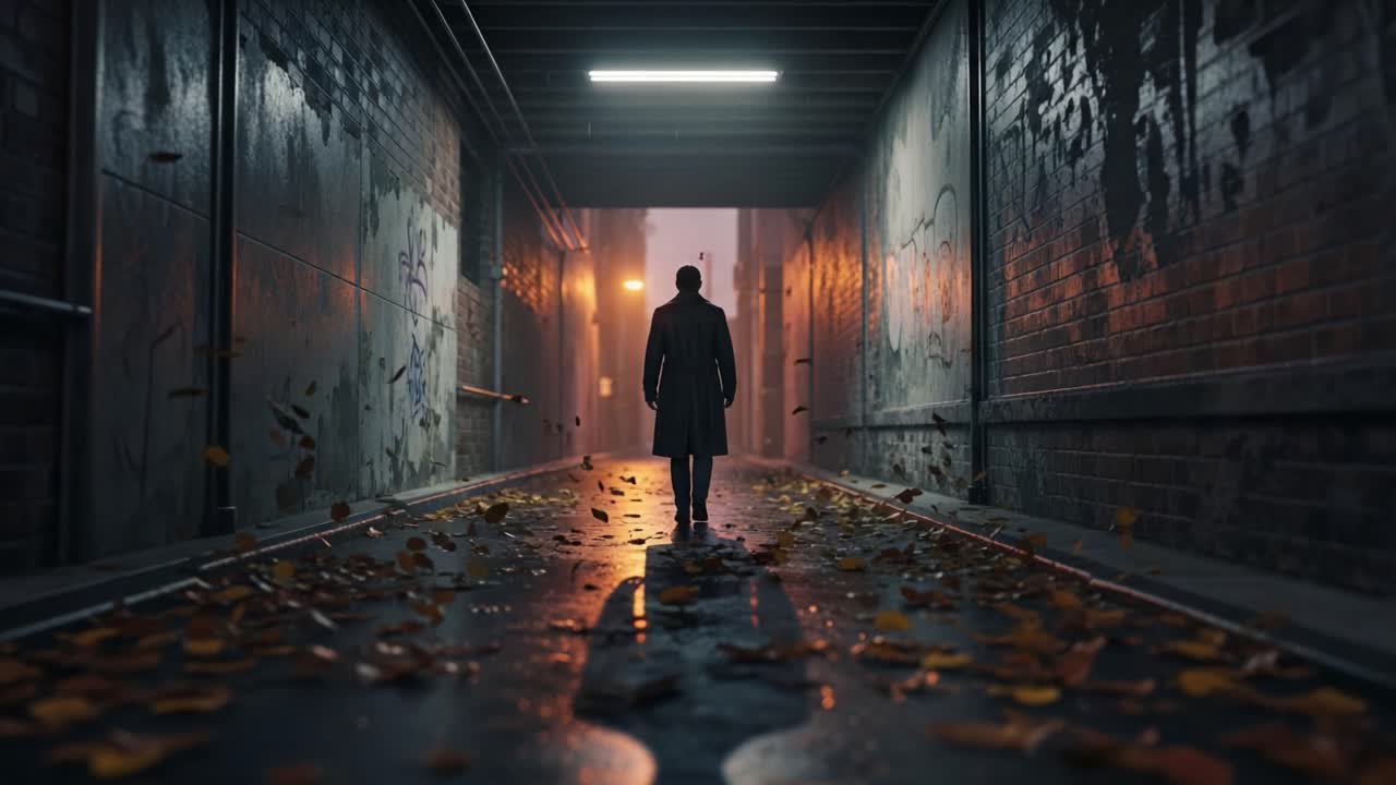 A solitary figure walks down a shadowy alleyway, surrounded by autumn leaves, as the ambient light from above casts an eerie glow on the wet pavement
