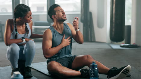 man, breathe or asthma pump in gym for help