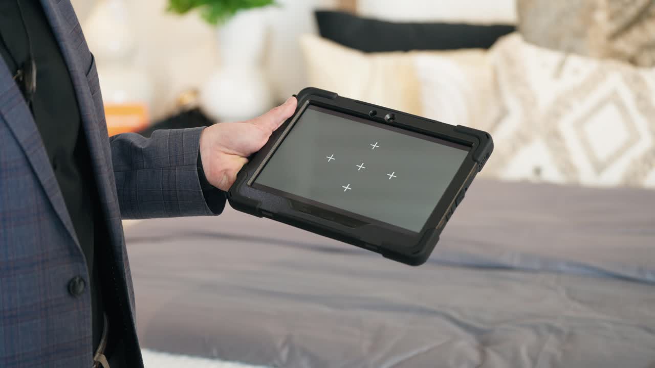Camera tracks tablet as suited man lifts it from bed, showing tracking markers
