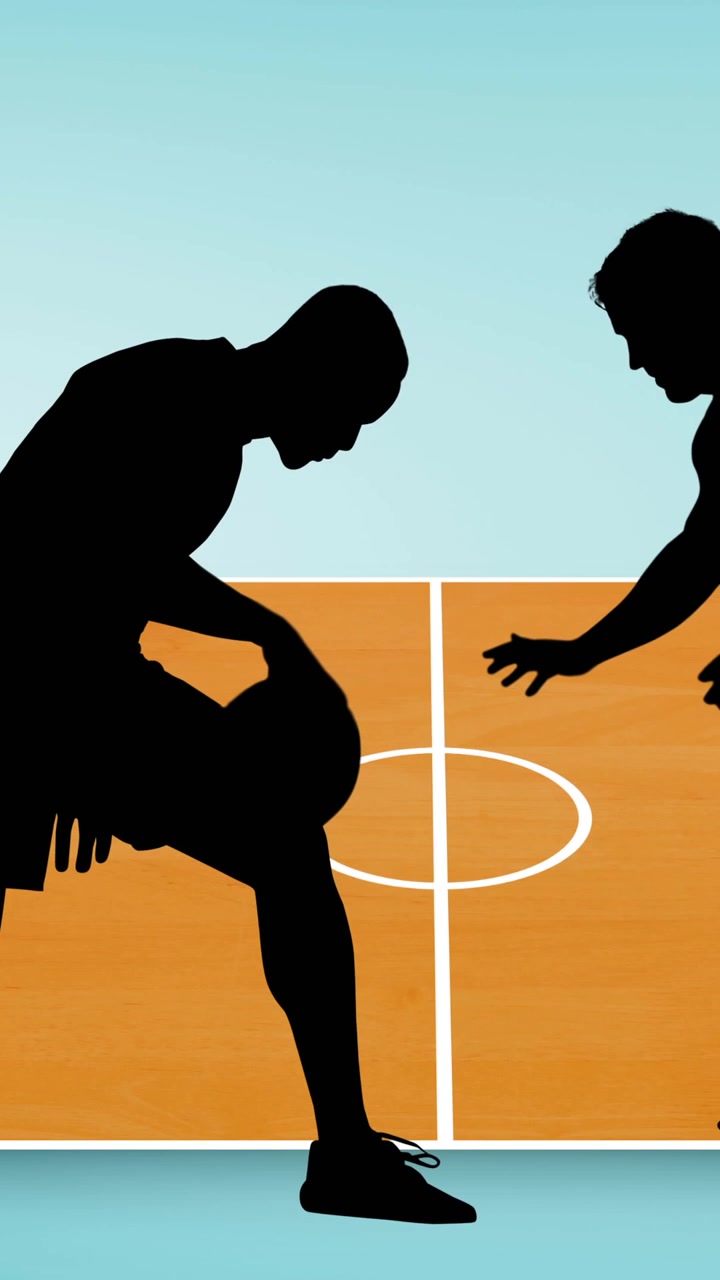 Animation of silhouette of basketball players with speech bubbles on blue background