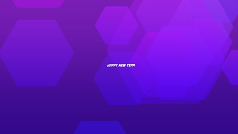 modern happy new year text with neon hexagons on purple gradient