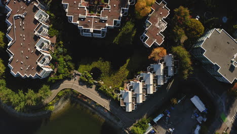 Top-down-aerial-view-of-apartment-buildings-in-Vancouver,-Canada