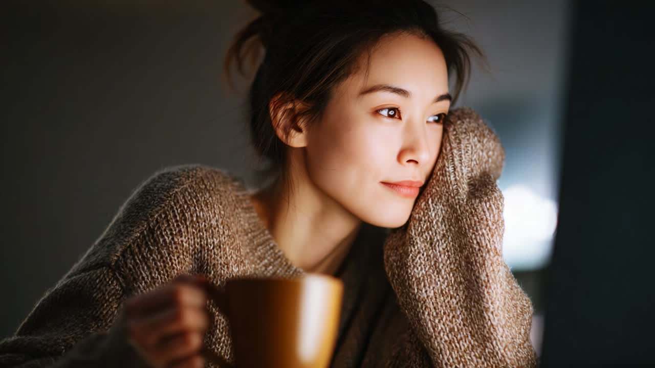 Contemplative Moments: A Young Woman Seated in a Cozy Environment, Holding a Cup and Lost in Thought While Gazing into the Distance at Her Laptop during a Peaceful Evening