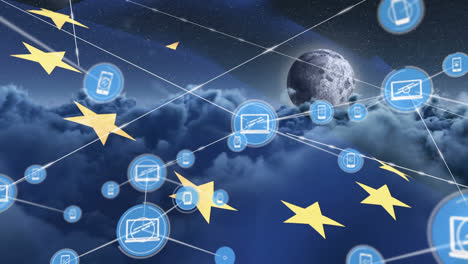 Animation-of-network-of-connection-and-icons-over-ue-flag-and-cloudy-sky