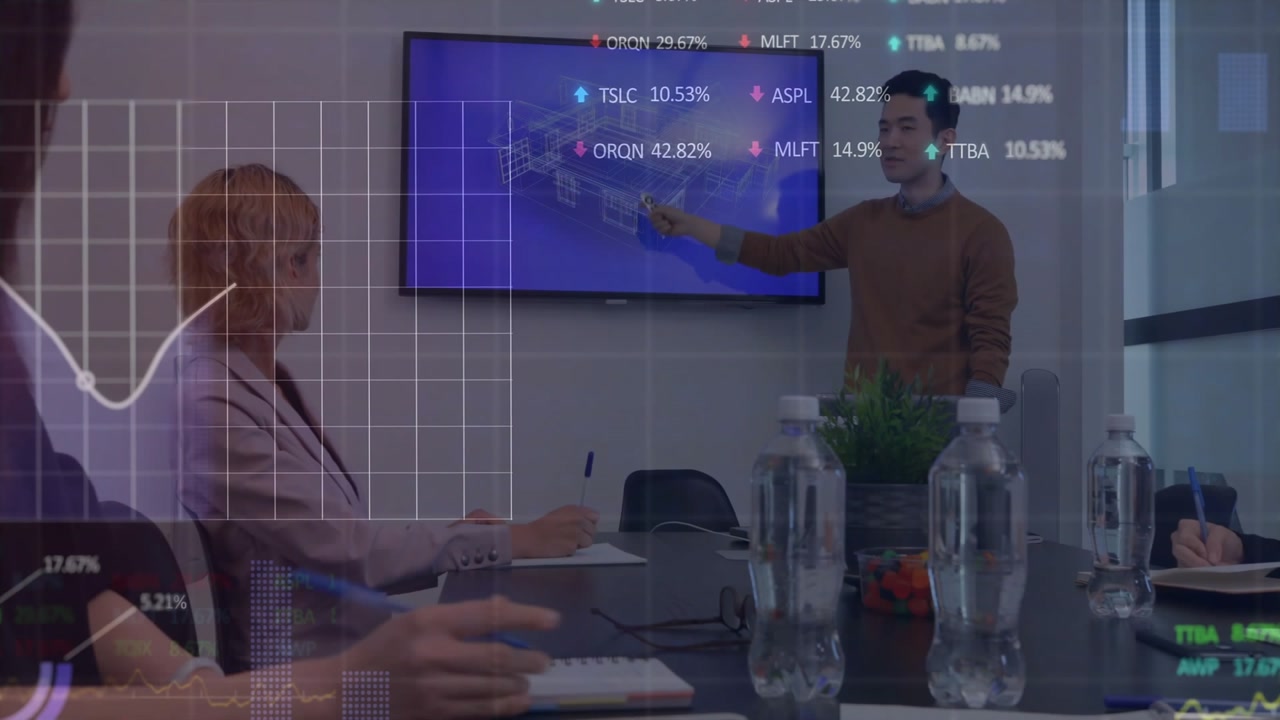 Animation of data processing over diverse business people working in office