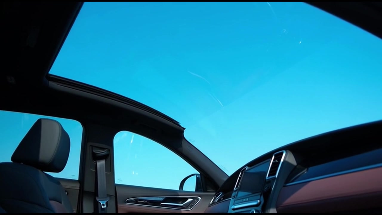 Interno di un'auto moderna con tetto apribile panoramico contro un cielo azzurro limpido