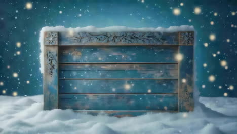 blank blue wooden sign in snow with festive winter background