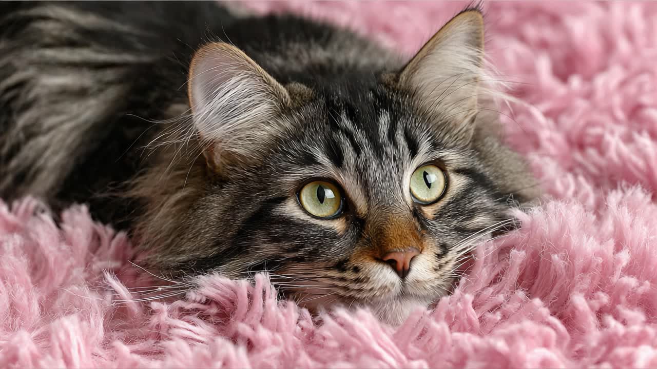 En majestætisk kat ligger behageligt på et blødt, lyserødt tæppe og indfanger essensen af kattes ro og elegance i to smukke frames