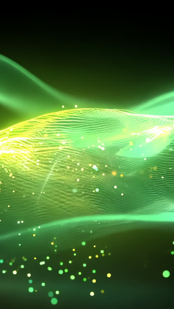 A green and orange wave with a lot of sparkles. The wave is very long and it looks like it is moving
